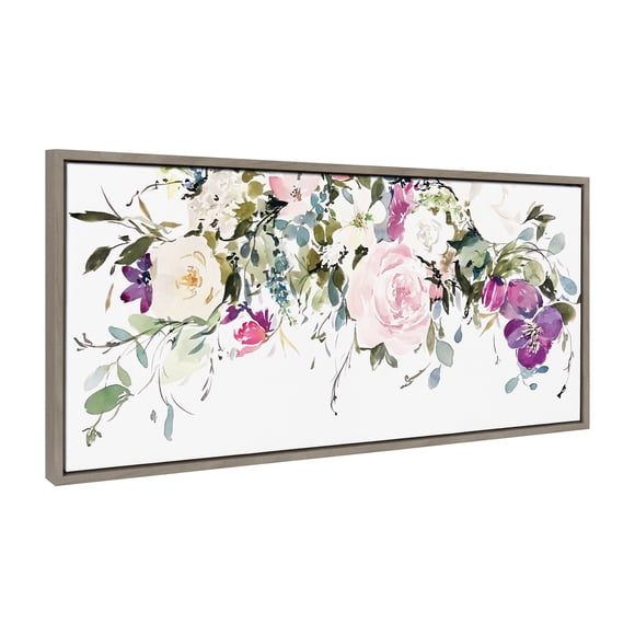 Kate and Laurel Sylvie 13 Ink Wash Floral Framed Canvas Wall Art by Emma Daisy, 18x40 Gray, Watercolor Botanical Wall Decor Artwork
