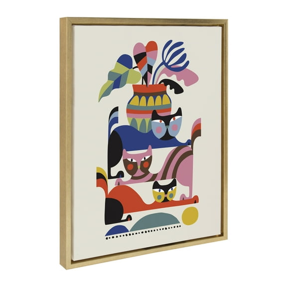 Kate and Laurel Sylvie 3 Cats Framed Canvas Wall Art by Rachel Lee of My Dream Wall, 18x24 Gold, Contemporary Abstract Animal Art for Wall