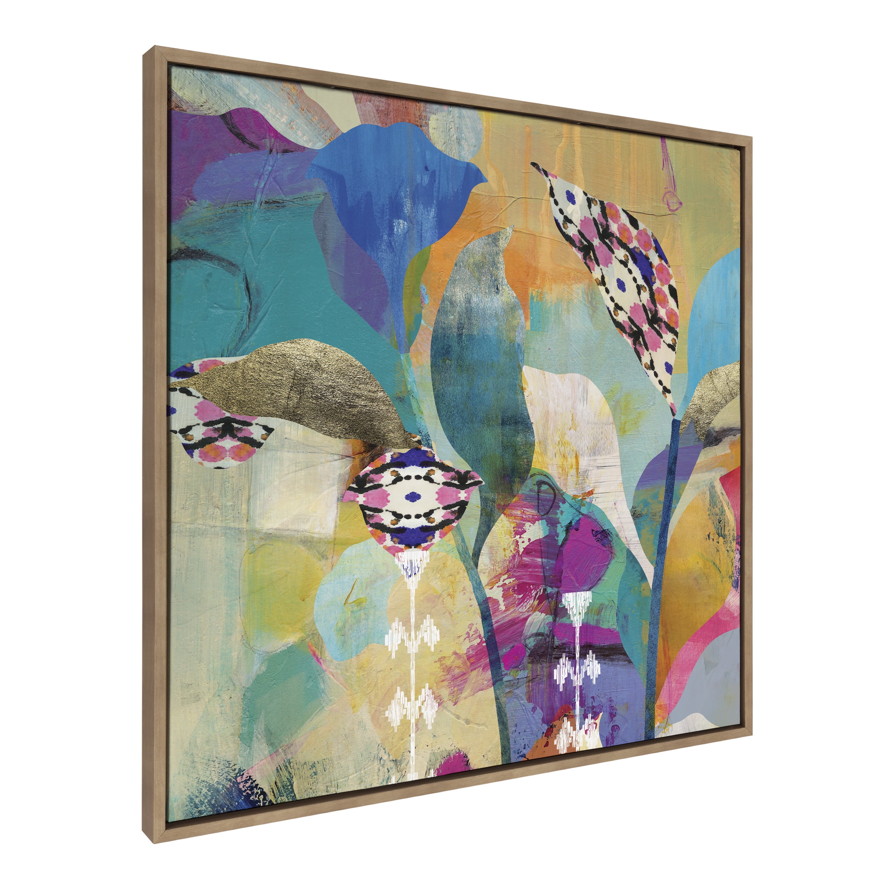 Colorful Abstract Floral Canvas Wall Art with Gold Frame, 30x30