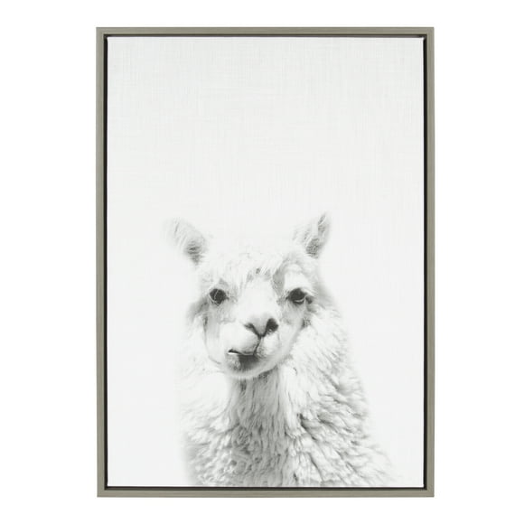 Kate and Laurel Sylvie Alpaca Animal Print Black and White Portrait Framed Canvas Wall Art by Simon Te Tai, 23x33 Gray
