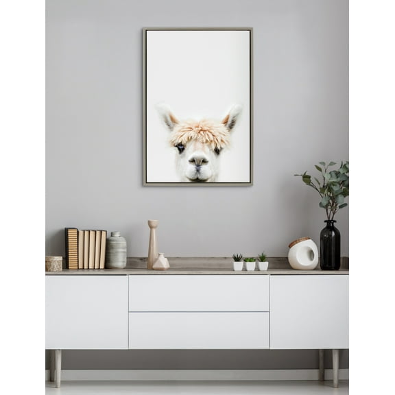 Kate and Laurel Sylvie Alpaca Bangs Framed Canvas Wall Art by Amy Peterson Art Studio, 23x33 Gray, Decorative Adorable Animal Art for Wall
