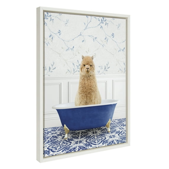 Kate and Laurel Sylvie Alpaca In Eclectic Blue Bath Framed Canvas Wall Art by Amy Peterson Art Studio, 18x24 White, Whimsical Animal Art for Wall
