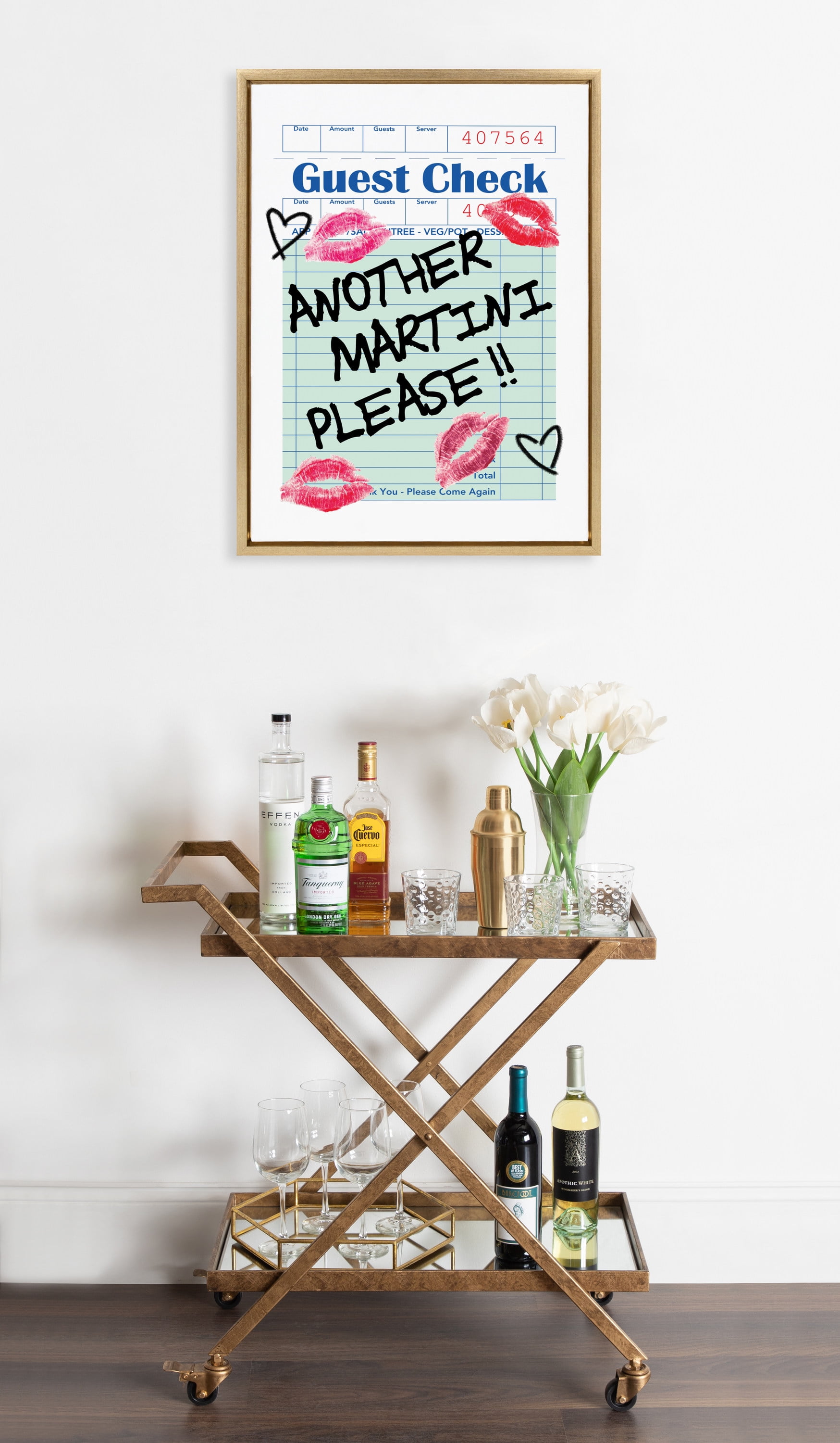 Bright Gold Framed Canvas Print with Martini Guest Check Design, 18x24