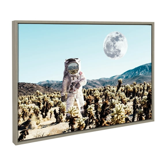 Kate and Laurel Sylvie Astronaut Planet Desert Moon Framed Canvas Wall Art by July Art Prints, 23x33 Gray, Modern Space Astronomy Art for Wall