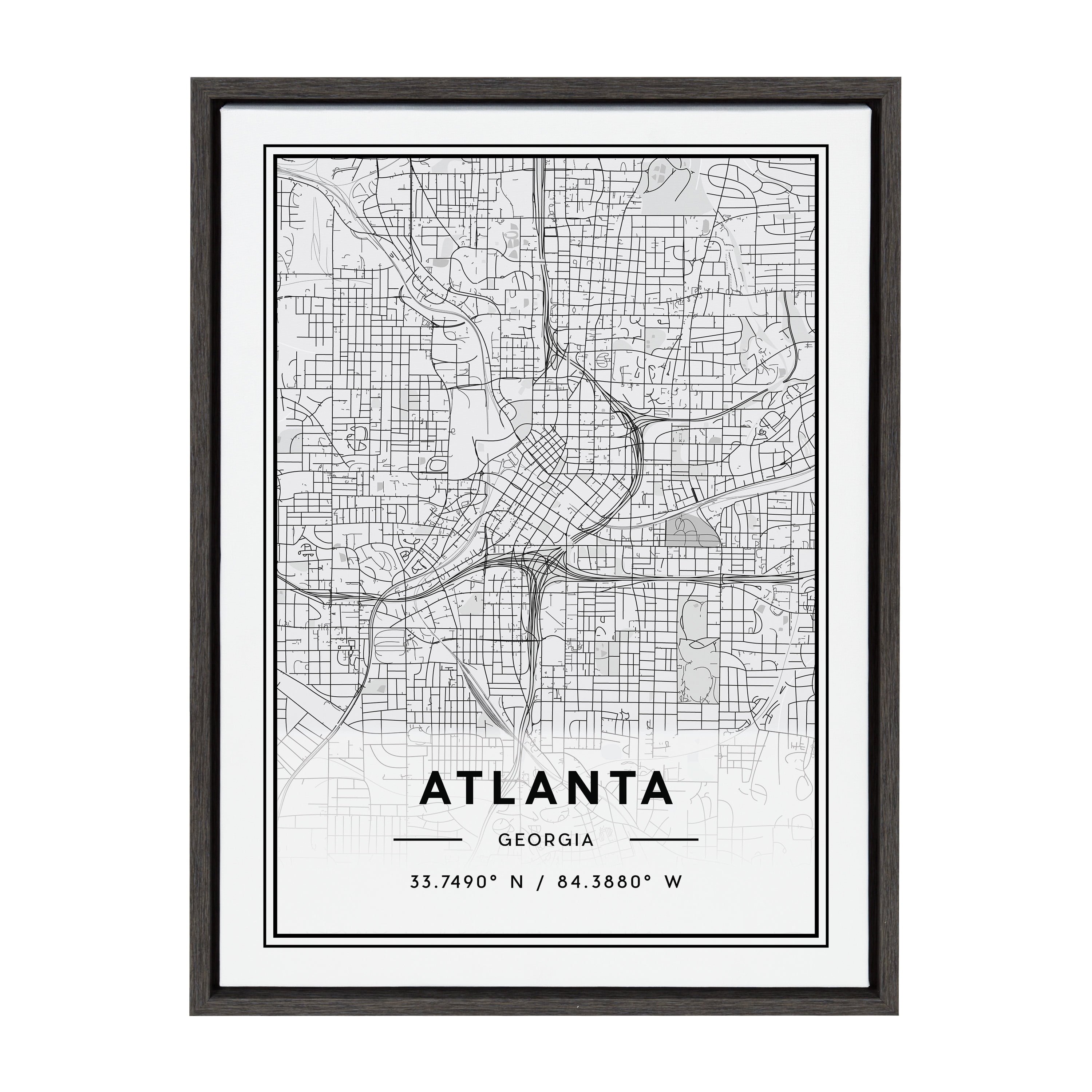 Sylvie Atlanta Modern Map Gray Framed Canvas Wall Art