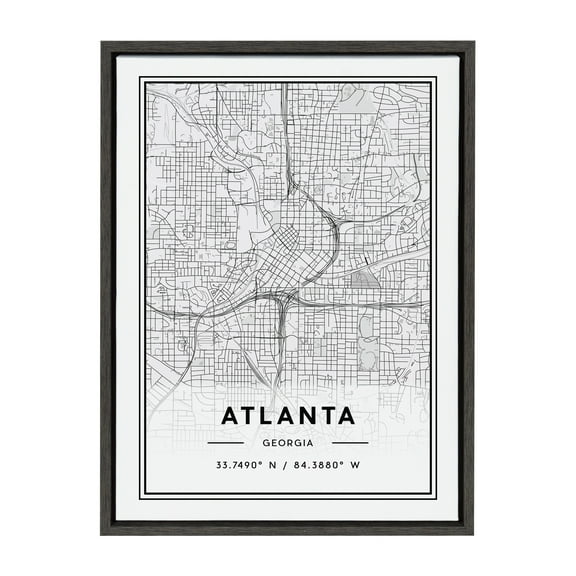 Kate and Laurel Sylvie Atlanta Modern Map Framed Canvas Wall Art by Jake Goossen, 18x24 Gray, Geography Art for Wall