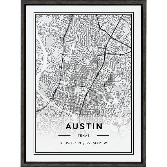Kate and Laurel Sylvie Austin Modern Map Framed Canvas Wall Art by Jake Goossen, 18x24 Gray, Decorative Map Art for Wall