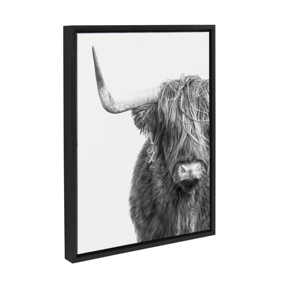 Kate and Laurel Sylvie B&W Highland Cow No. 1 Framed Canvas Wall Art by Amy Peterson Art Studio, 18x24 Black, Black and White Animal Portrait Art