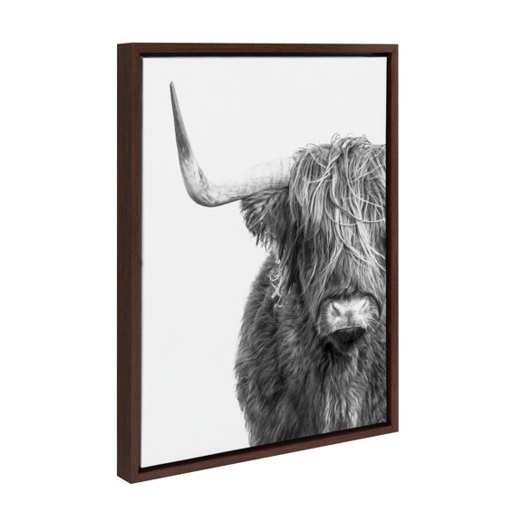 Kate and Laurel Sylvie B&W Highland Cow No. 1 Framed Canvas Wall Art by Amy Peterson Art Studio, 18x24 Brown, Black and White Animal Portrait Art