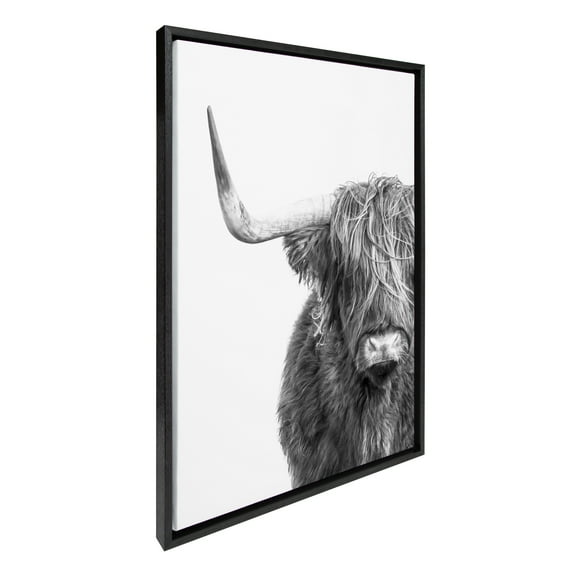 Kate and Laurel Sylvie B&W Highland Cow No. 1 Framed Canvas Wall Art by Amy Peterson Art Studio, 23x33 Black, Black and White Animal Portrait Art