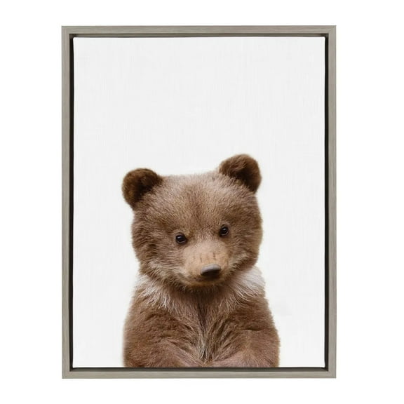 Pre-Owned Kate and Laurel Sylvie Baby Bear Animal Print Portrait Framed Canvas Wall Art by Amy Peterson, 18x24 Gray