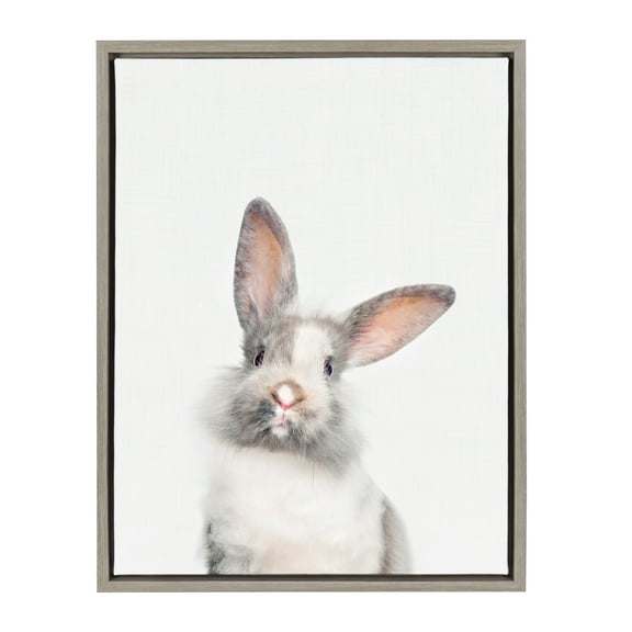 Kate and Laurel Sylvie Baby Bunny Rabbit Animal Print Portrait Framed Canvas Wall Art by Amy Peterson, 18x24 Gray