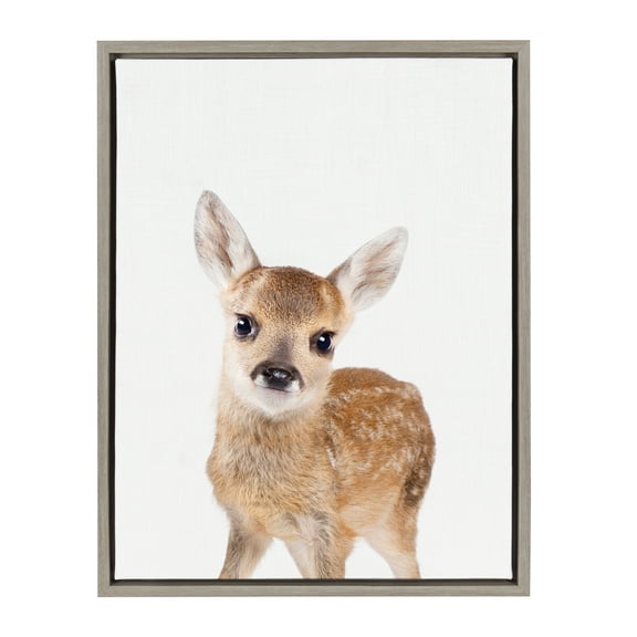 Kate and Laurel Sylvie Baby Deer Animal Print Portrait Framed Canvas Wall Art by Amy Peterson, 18x24 Gray