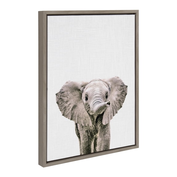 Kate and Laurel Sylvie Baby Elephant Color Framed Canvas Wall Art by Simon Te of Tai Prints, 18x24 Gray, Adorable Animal Art Wall Décor