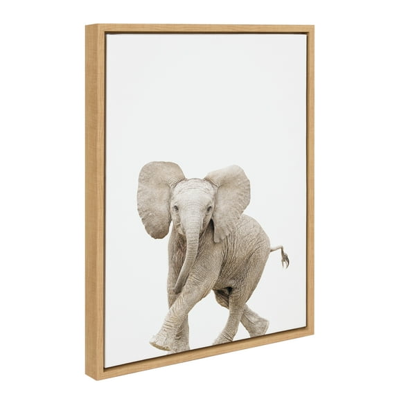 Kate and Laurel Sylvie Baby Elephant Walk Framed Canvas Wall Art by Amy Peterson Art Studio, 18x24 Natural, Modern Animal Portrait Art for Wall