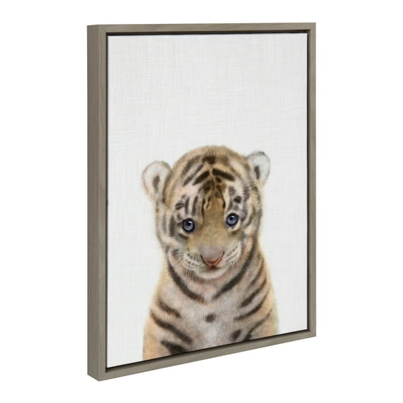 Kate and Laurel Sylvie Baby Tiger Color Illustration Framed Canvas Wall Art by Simon Te of Tai Prints, 18x24 Gray, Adorable Animal Art Wall Décor