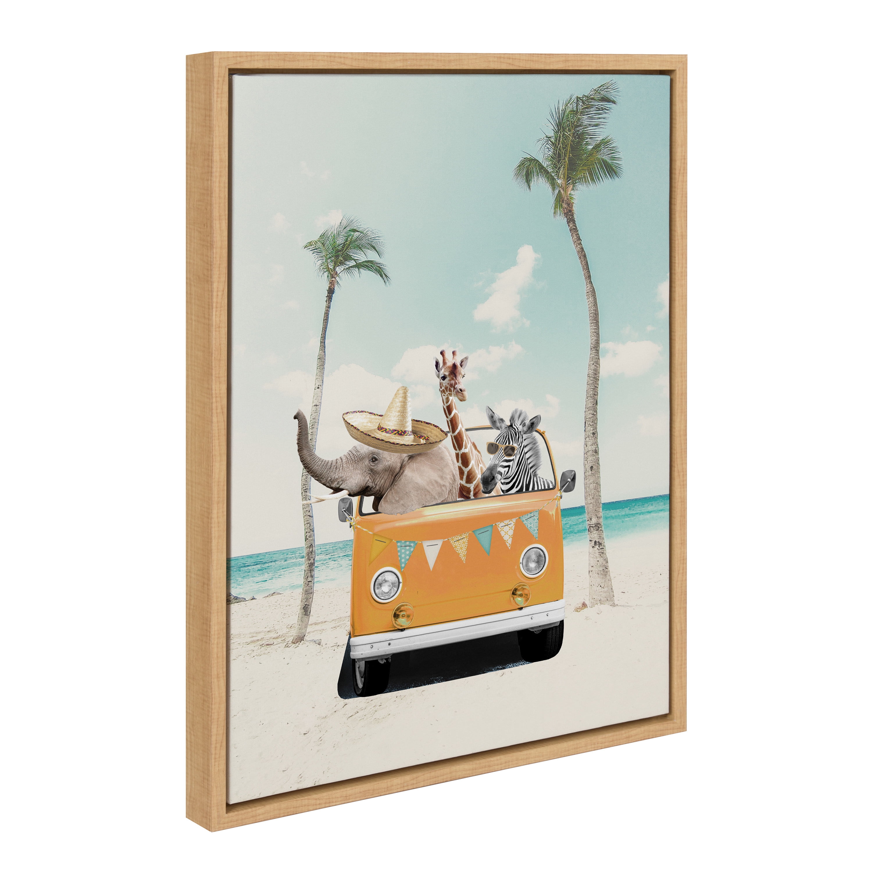 Natural Framed Beach Safari Animals Canvas Wall Art, 18x24