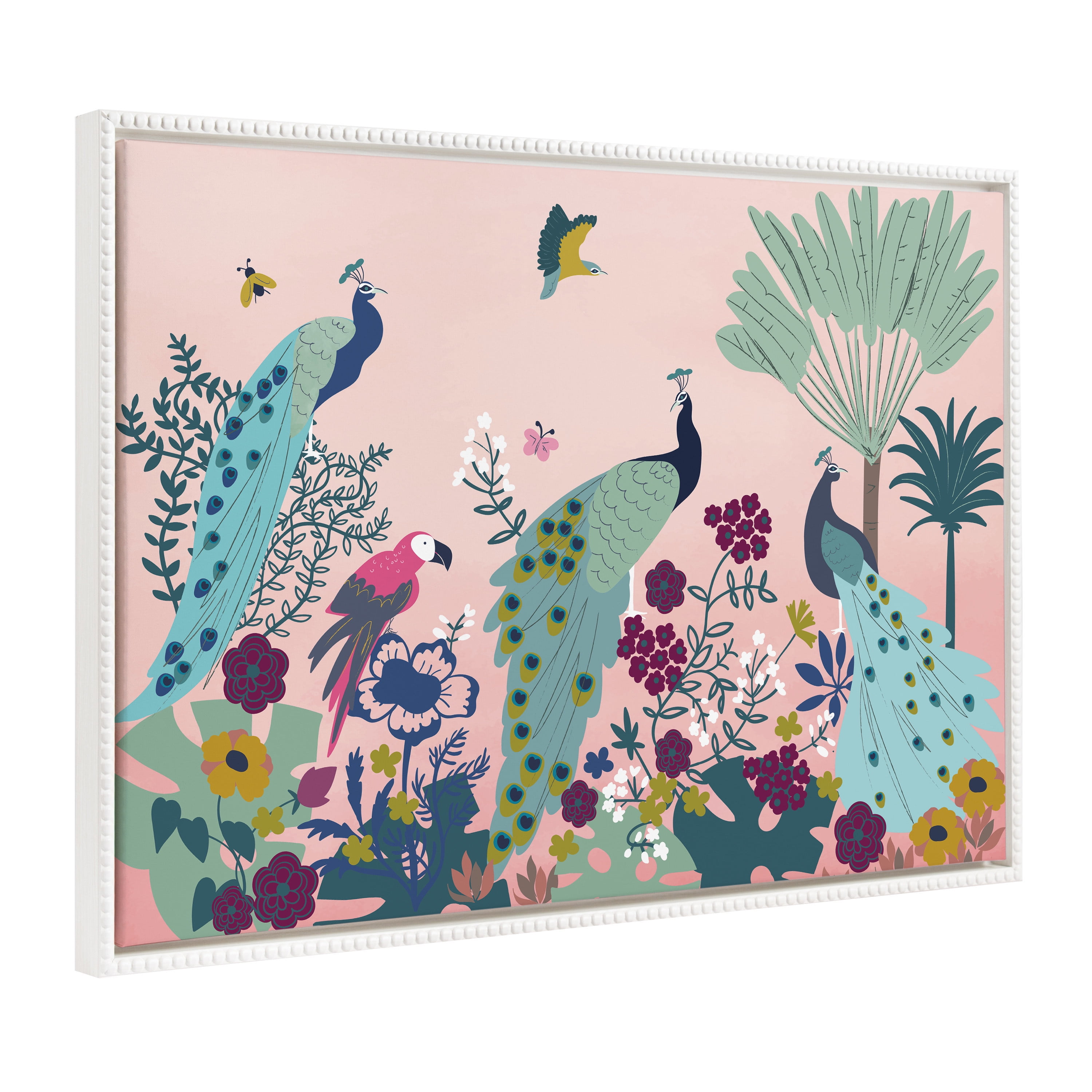 Colorful Peacock and Bird Illustration on White Framed Canvas, 28 x 38