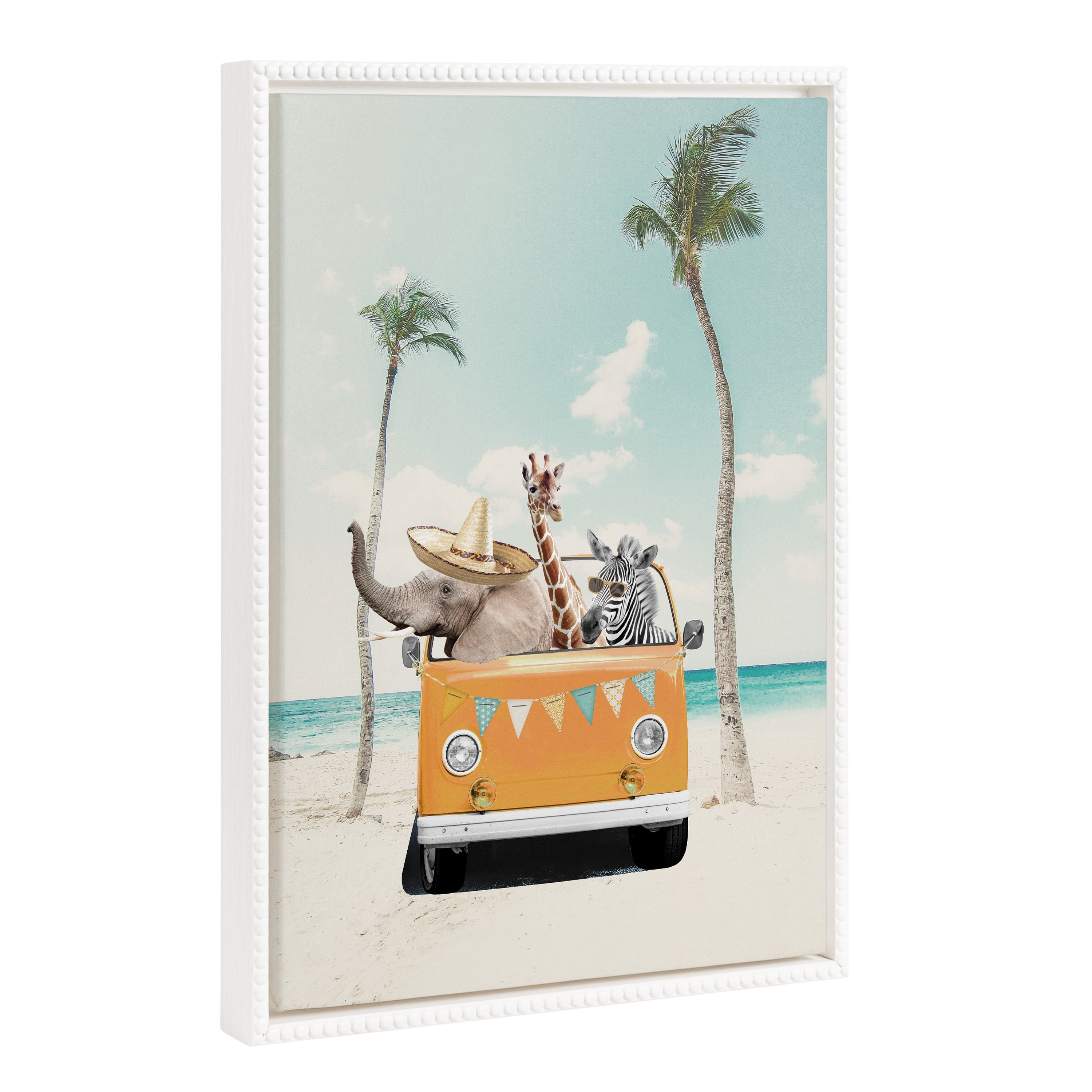 18"x24" White Beaded Framed Beach Animal Canvas Print