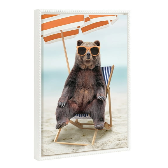 Kate and Laurel Sylvie Beaded Beach Chair Bear Vintage Framed Canvas Wall Art by Amy Peterson, 18x24 White, Colorful Beach Animal Wall Decor