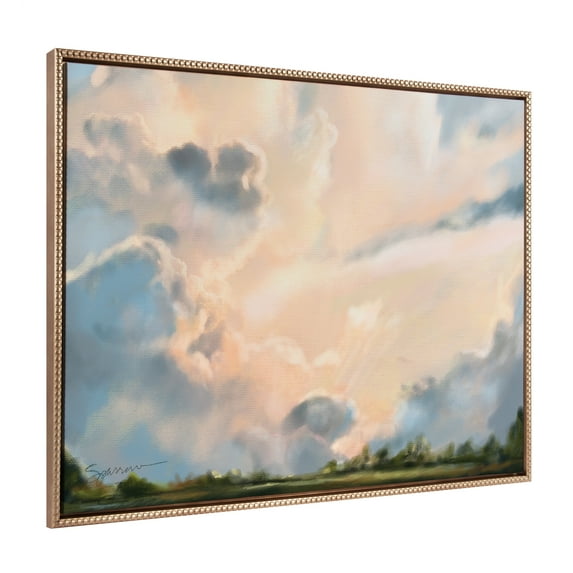 Kate and Laurel Sylvie Beaded Clouds Vintage Framed Canvas Wall Art by Mary Sparrow, 28x38 Gold, Modern Nature Landscape Art for Wall