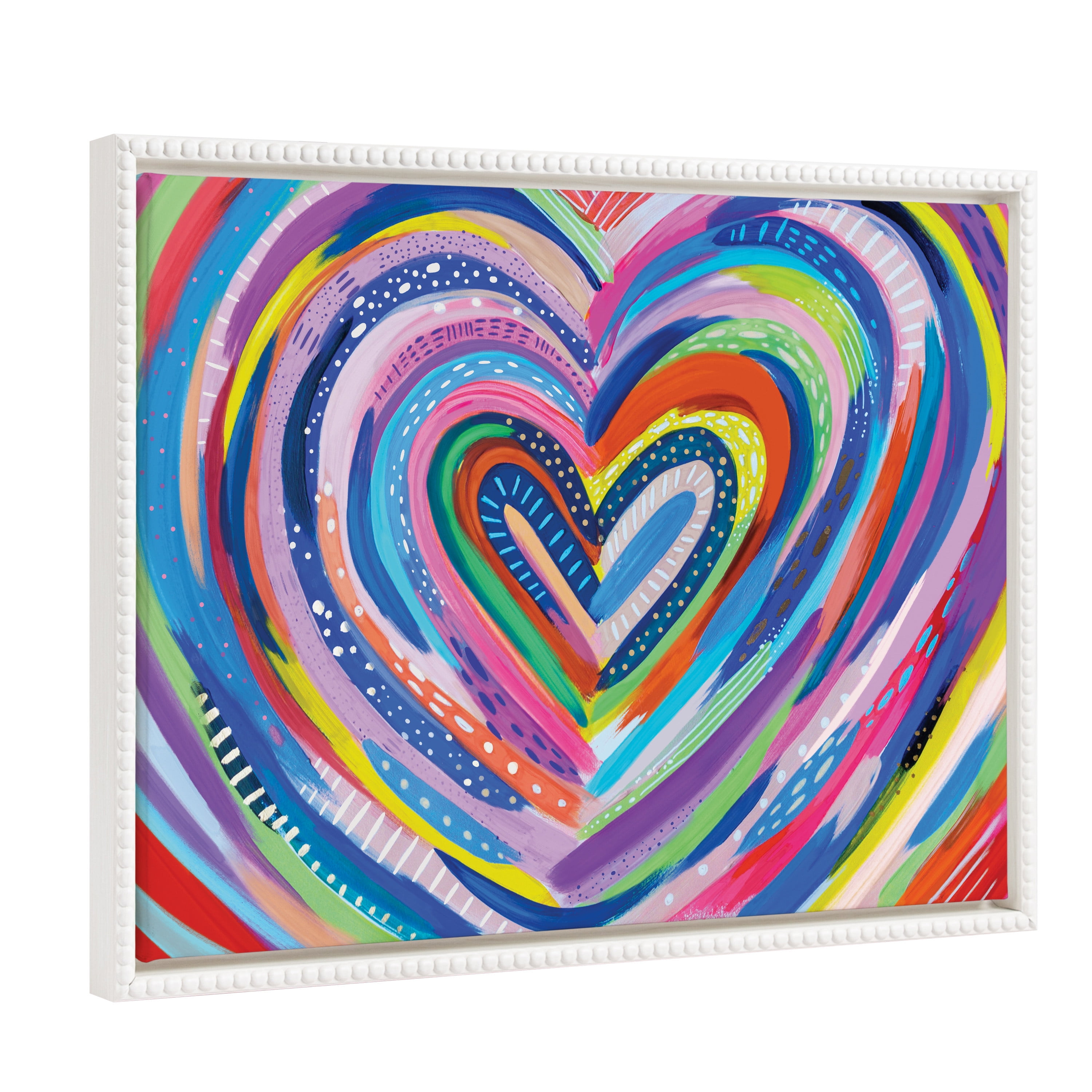 Vibrant Multicolor Heart Burst Canvas Wall Art with White Beaded Frame, 18x24