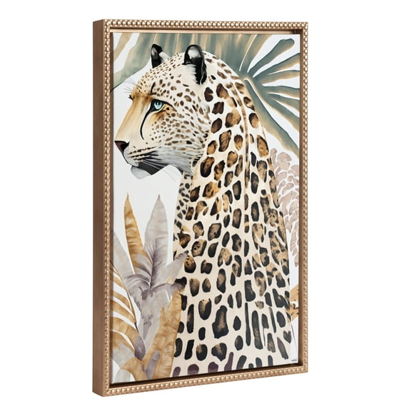 Kate and Laurel Sylvie Beaded Fern Cheetah Vintage Framed Canvas Wall Art by Inkheart Designs, 18x24 Gold, Animal Jungle Cat Art for Wall