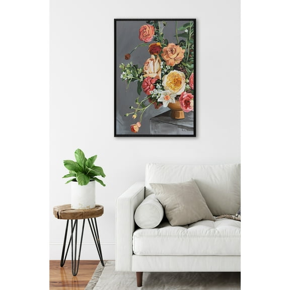 Kate and Laurel Sylvie Beaded Floral Emergence Vintage Framed Canvas Wall Art by Mackenzie Nelson, 23x33 Beaded Black, Stunning Flower Art for Wall