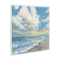 Kate and Laurel Sylvie Beaded Fort Myers Beach Vintage Framed Canvas Wall Art by Emily Kenney, 30x30 White, Bright Ocean Landscape Art for Wall