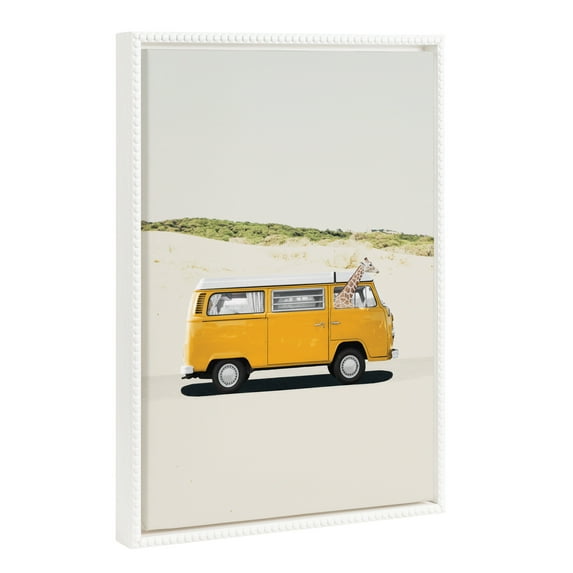 Kate and Laurel Sylvie Beaded Giraffe Adventure Vintage Framed Canvas Wall Art by July Art Prints, 18x24 White, Zoo Animal Wall Art Decor