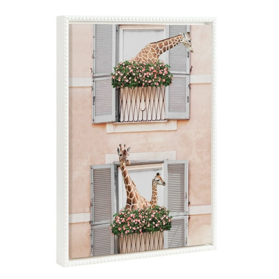 Kate and Laurel Sylvie Beaded Giraffe Neighbors Vintage Framed Canvas Wall Art by July Art Prints, 18x24 White, Zoo Animal City Wall Art Decor