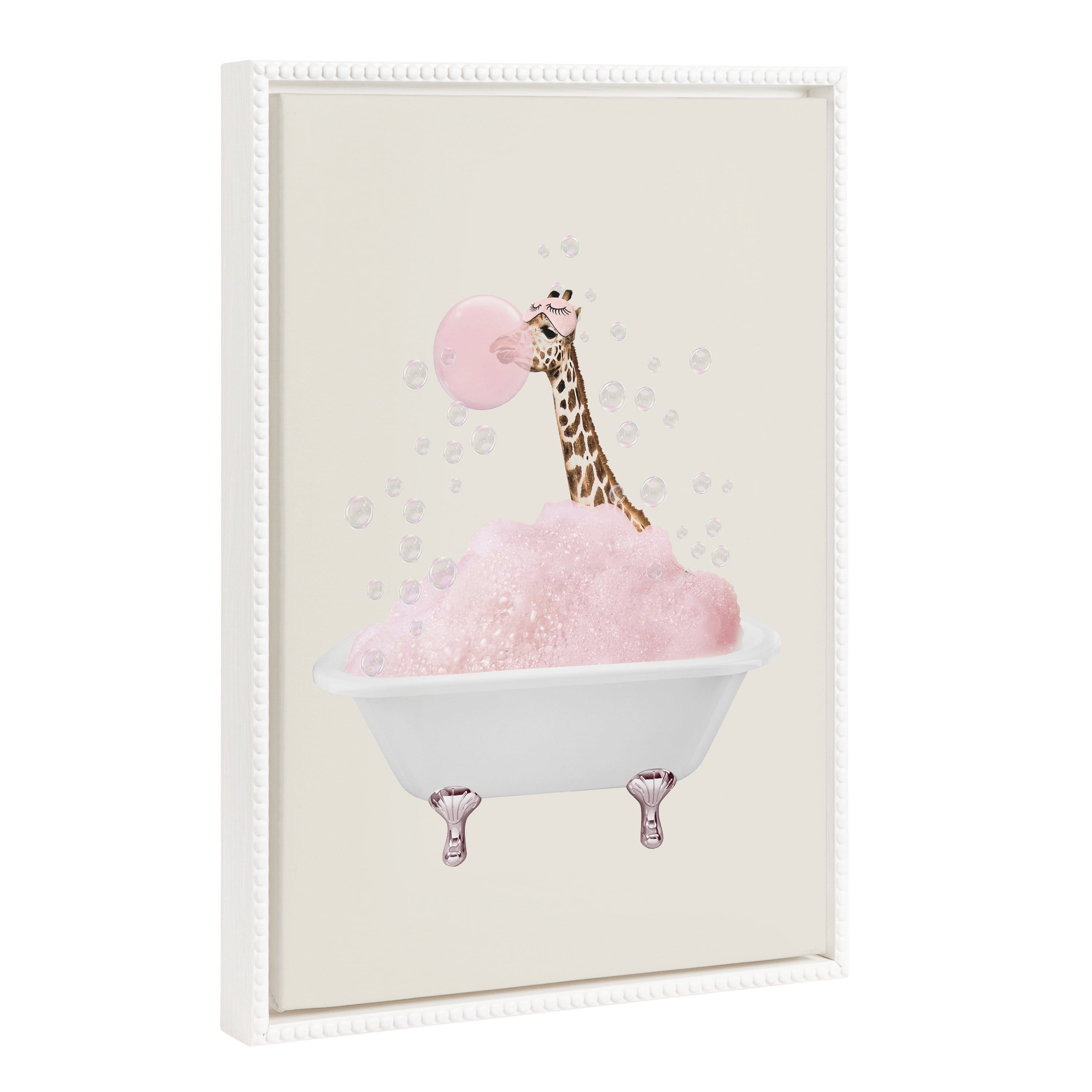 Whimsical Giraffe in Bathtub White Framed Canvas Art Print