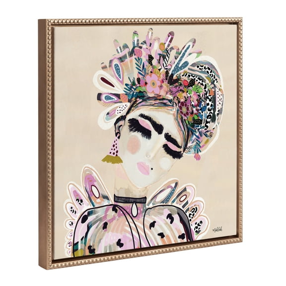 Kate and Laurel Sylvie Beaded LuLu Vintage Framed Canvas Wall Art by Inkheart Designs, 22x22 Gold, Modern Floral Female Portrait Wall Decor