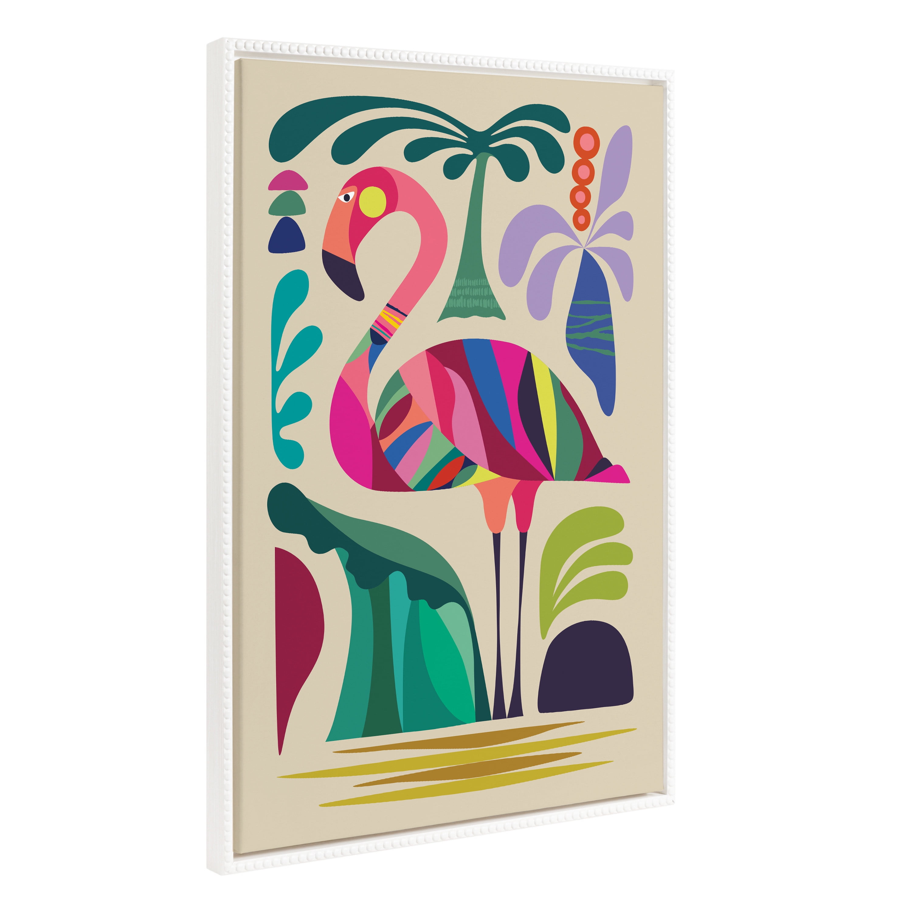 Colorful Mid-Century Modern Flamingo Canvas Art in White Frame