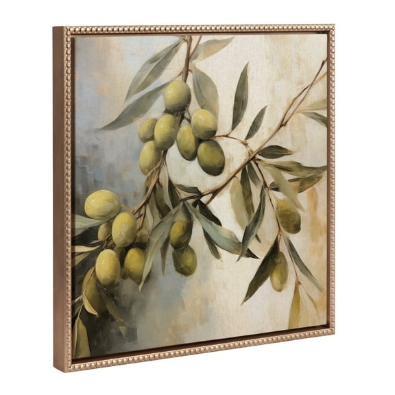 Kate and Laurel Sylvie Beaded Olive Tree Vintage Framed Canvas Wall Art by The Creative Bunch Studio, 22x22 Gold, Natural Olive Branches Art for Wall