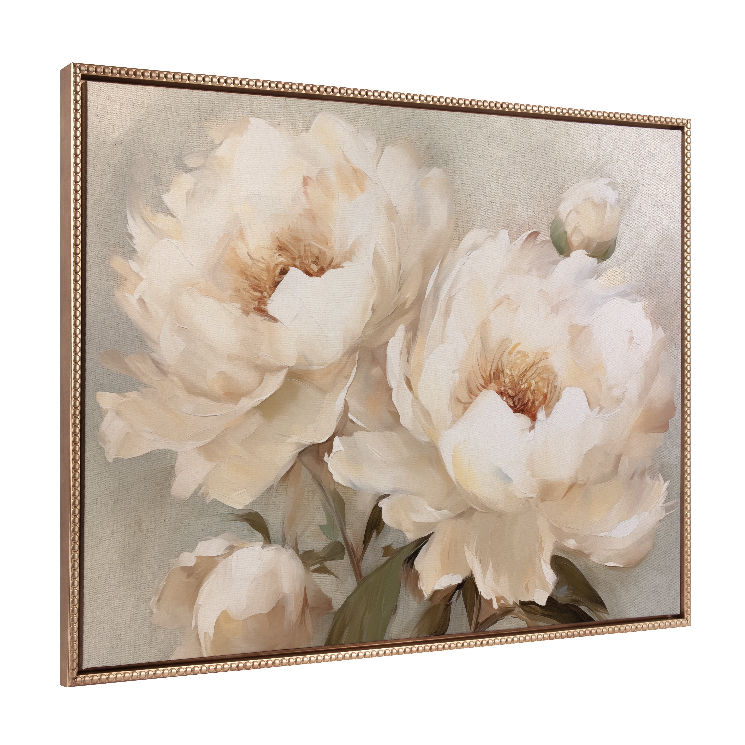 Gold Beaded Frame Painterly Peonies Canvas Wall Art