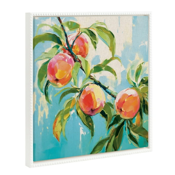 Kate and Laurel Sylvie Beaded Peach Tree Vintage Framed Canvas Wall Art by The Creative Bunch Studio, 22x22 White, Decorative Fruit Tree Art for Wall