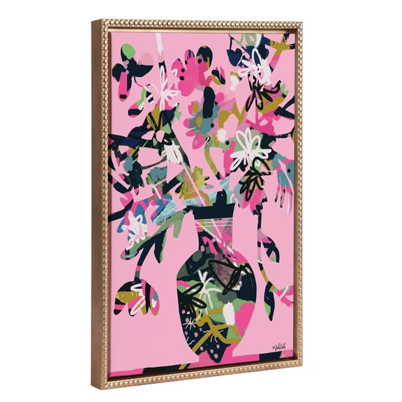 Kate and Laurel Sylvie Beaded Pinnacle Vase Vintage Framed Canvas Wall Art by Inkheart Designs, 18x24 Gold, Colorful Floral Vase Art for Wall