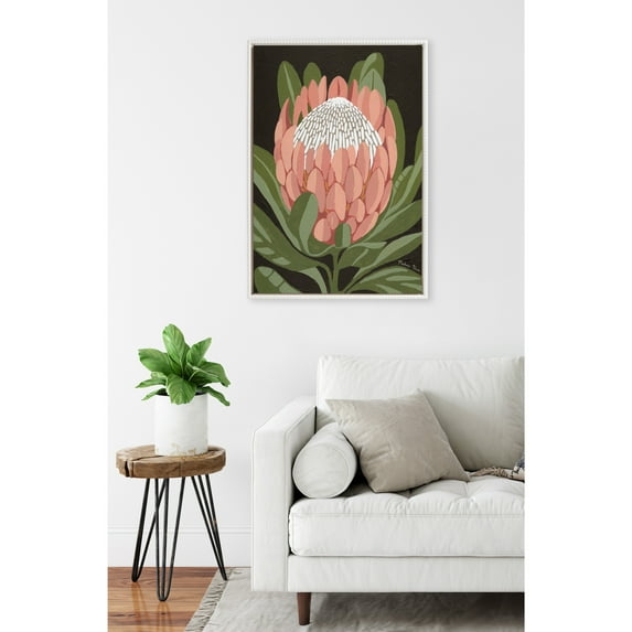 Kate and Laurel Sylvie Beaded Protea Noire Vintage Framed Canvas Wall Art by Mackenzie Nelson, 23x33 Beaded White, Colorful Flower Art for Wall