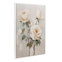 Kate and Laurel Sylvie Beaded Soft White Roses Vintage Framed Canvas Wall Art by The Creative Bunch Studio, 23x33 White, Delicate Flower Art for Wall