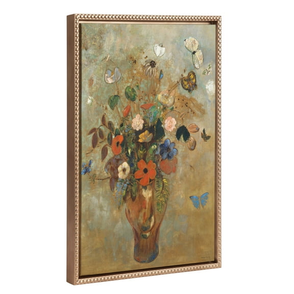 Kate and Laurel Sylvie Beaded Still Life with Flowers Vintage Framed Canvas Wall Art by Odilon Redon, 18x24 Gold, Painted Floral Bouquet Art for Wall