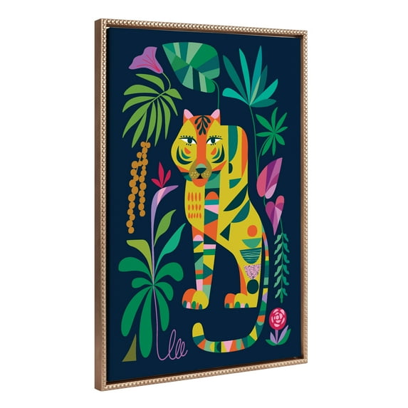 Kate and Laurel Sylvie Beaded Tiger in the Forest Vintage Framed Canvas Wall Art by Rachel Lee, 23x33 Gold, Mid-Century Colorful Animal Art for Wall