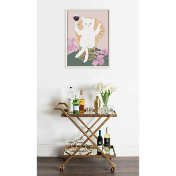 Kate and Laurel Sylvie Beaded Wine Cat II Vintage Framed Canvas Wall Art by Mackenzie Nelson, 18x24 Beaded White, Cute Kitten Art for Wall