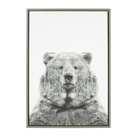 Kate and Laurel Sylvie Bear Animal Print Black and White Portrait Framed Canvas Wall Art by Simon Te Tai, 23x33 Gray