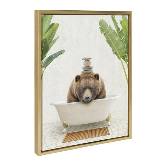 Kate and Laurel Sylvie Big Bear Bali Bath Framed Canvas Wall Art by Amy Peterson Art Studio, 18x24 Gold, Glam Bathroom Art Wall Décor