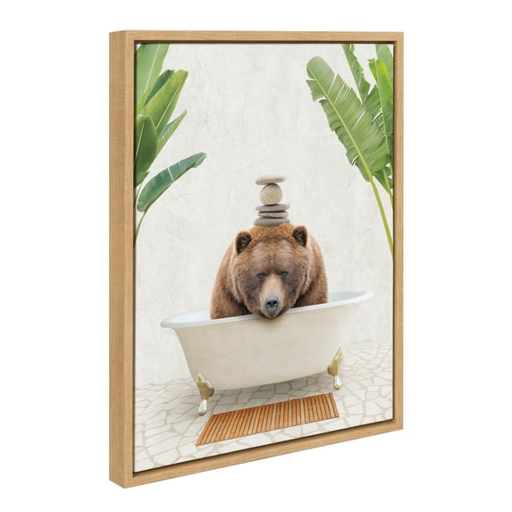 Kate and Laurel Sylvie Big Bear Bali Bath Framed Canvas Wall Art by Amy Peterson Art Studio, 18x24 Natural, Botanical Animal Bathroom Art