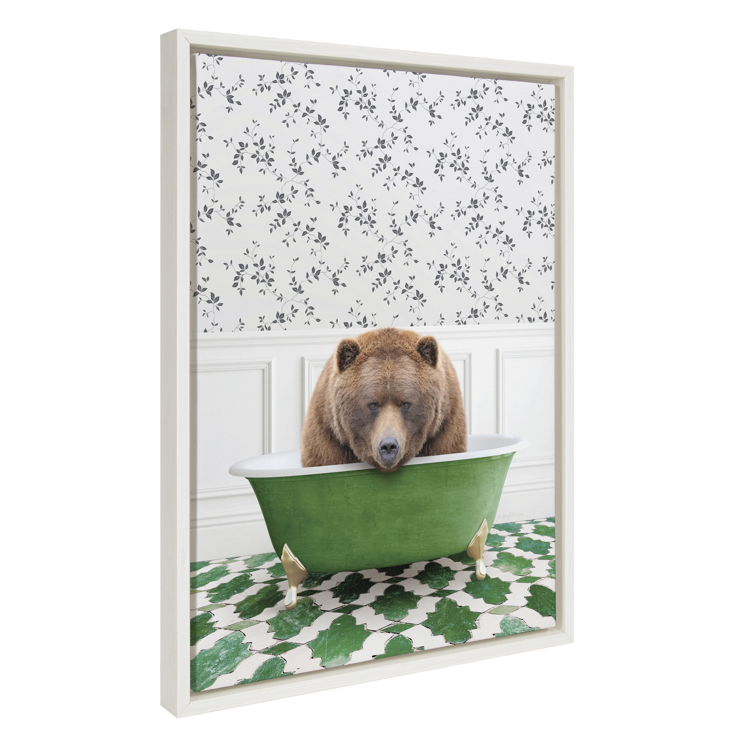 Kate and Laurel Sylvie Big Bear In Eclectic Green Bath Framed Canvas Wall Art by Amy Peterson Art Studio, 18x24 White,  Fun Animal Art Bathroom Décor
