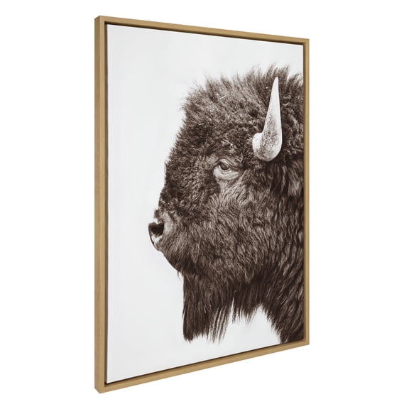 Kate and Laurel Sylvie Bison Profile Framed Canvas Wall Art by Amy Peterson Art Studio, 28x38 Natural, Modern Animal Portrait Art for Wall