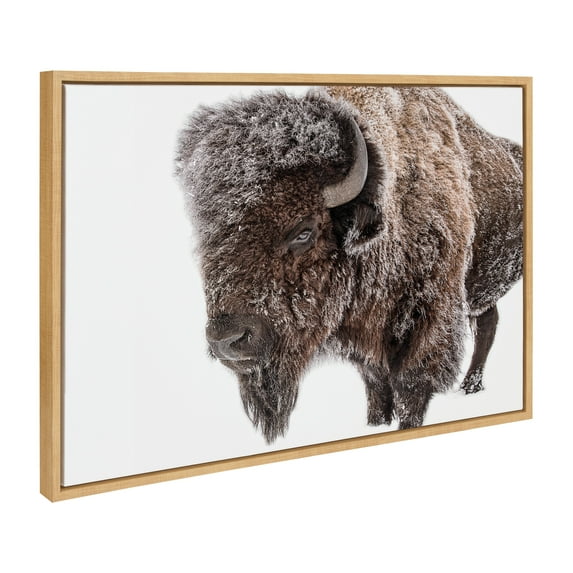 Kate and Laurel Sylvie Bison in Snow Framed Canvas Wall Art by Amy Peterson Art Studio, 23x33 Natural, Modern Animal Portrait Art for Wall