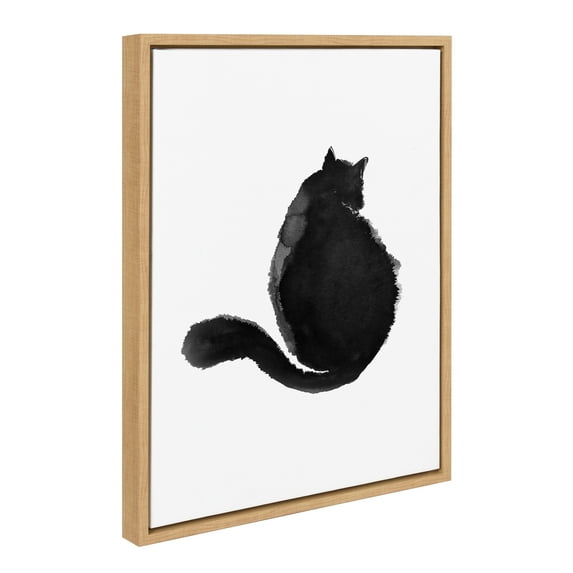 Kate and Laurel Sylvie Black Cat Black and White Framed Canvas Wall Art by Viola Kreczmer, 18x24 Natural, Minimalist Kitten Art for Wall